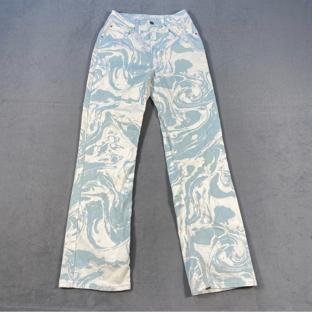 Tinseltown Juniors’ Blue and White Swirl Jeans, High Waisted, straight leg,size3